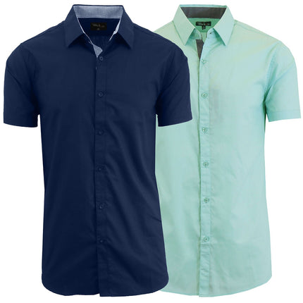 Mens Short Sleeve Dress Button Down Causal Shirt Fancy Solid Slim Fit 2 PACK NEW