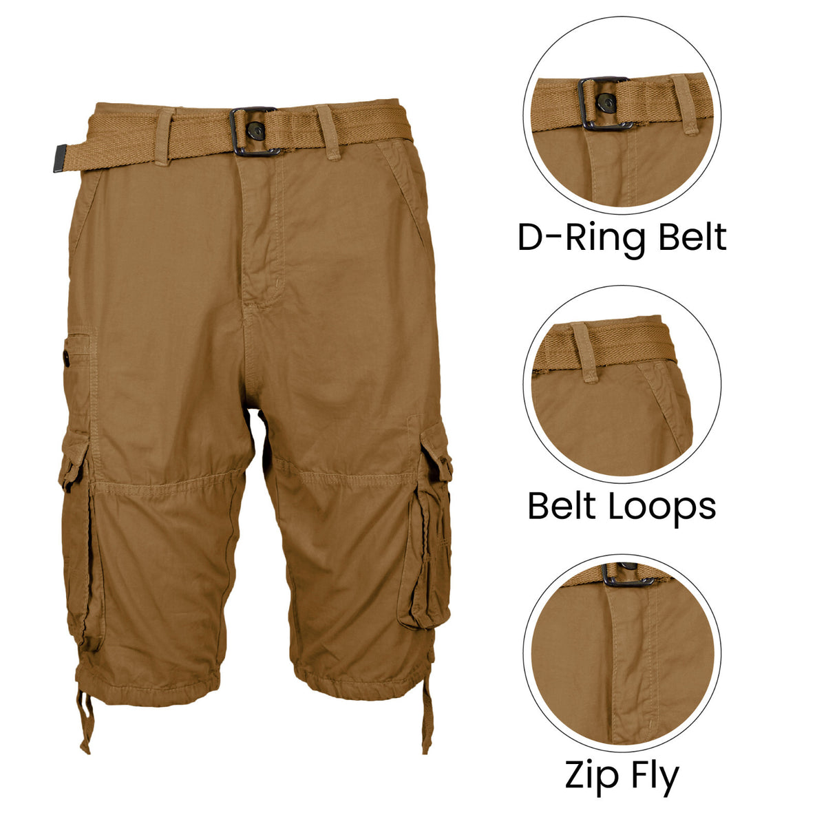 Men's Distressed Washed Cotton Cargo Shorts with Belt, Waist 30-42