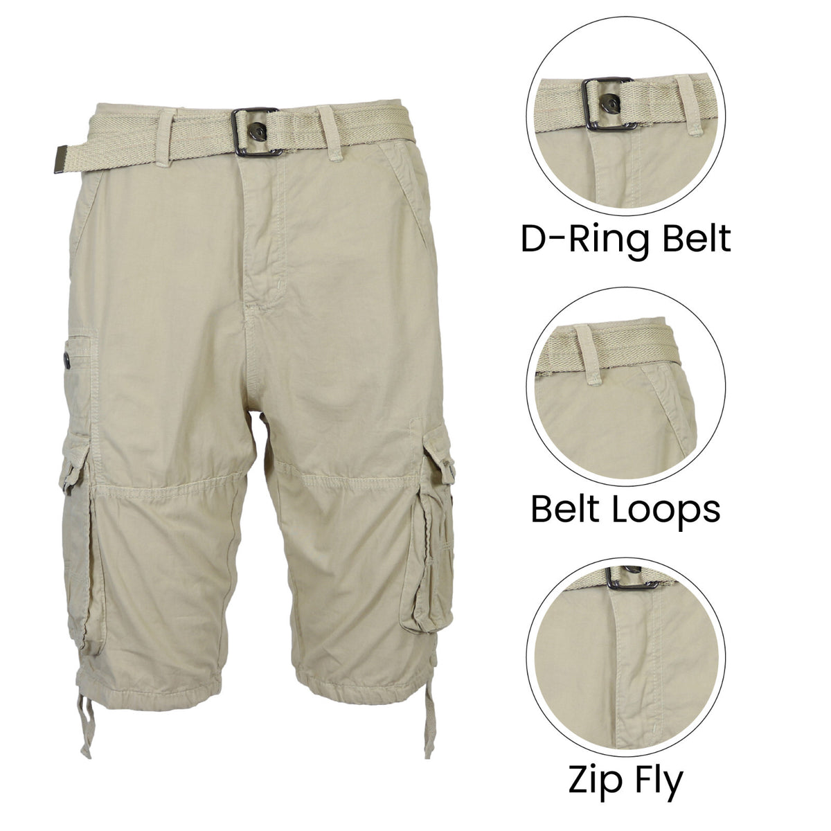 Men's Distressed Washed Cotton Cargo Shorts with Belt, Waist 30-42