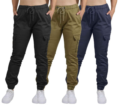 Women's Cargo Jogger Pants Cotton Flex with Stretch Comfort (Size: S-2XL) 3-Pack