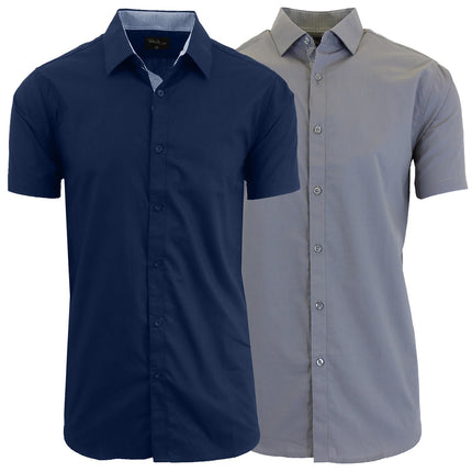 Mens Short Sleeve Dress Button Down Causal Shirt Fancy Solid Slim Fit 2 PACK NEW