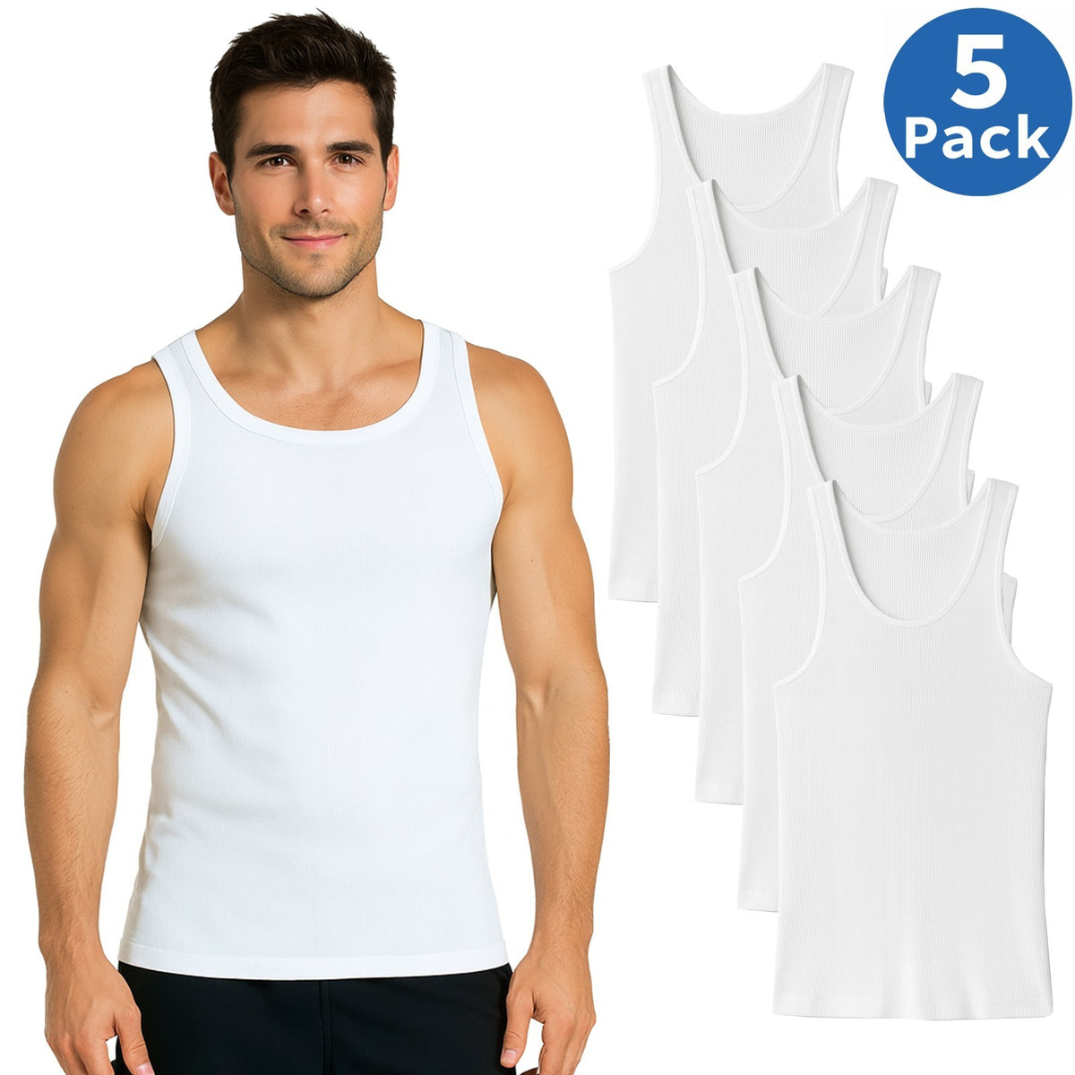 Men's Ribbed Crew Neck Tank Top Undershirts, 5-Pack