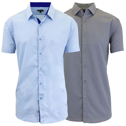 Mens Short Sleeve Dress Button Down Causal Shirt Fancy Solid Slim Fit 2 PACK NEW