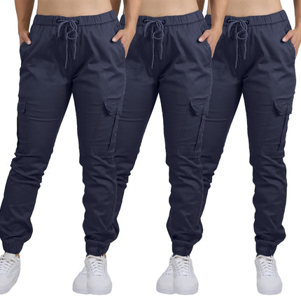 Women's Cargo Jogger Pants Cotton Flex with Stretch Comfort (Size: S-2XL) 3-Pack