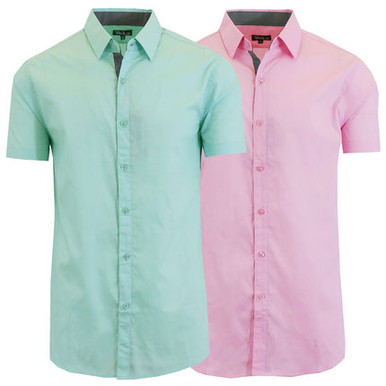 Mens Short Sleeve Dress Button Down Causal Shirt Fancy Solid Slim Fit 2 PACK NEW