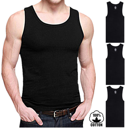 3 Packs Mens 100% Cotton Tank Top A-Shirt Wife Beater Undershirt Ribbed Black - PremiumBrandGoods