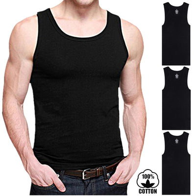 3 Packs Mens 100% Cotton Tank Top A-Shirt Wife Beater Undershirt Ribbed Black - PremiumBrandGoods