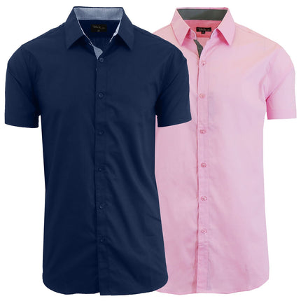 Mens Short Sleeve Dress Button Down Causal Shirt Fancy Solid Slim Fit 2 PACK NEW