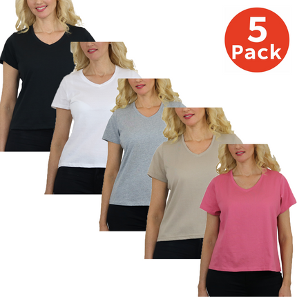 5-Pack Women’s Relaxed Fit V-Neck Short Sleeve T-Shirt – 100% Cotton (S-2XL)
