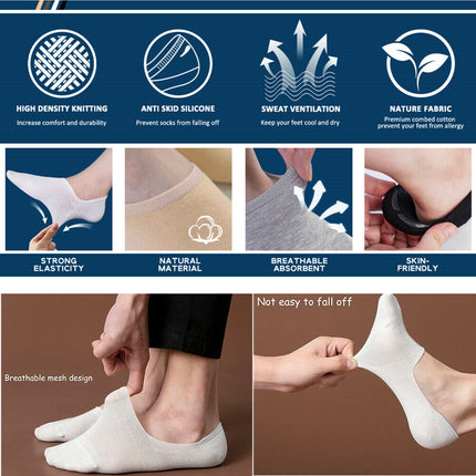 3-12 Pairs Mens No Show Invisible Nonslip Loafer Solid Boat Cotton Low Cut Socks - PremiumBrandGoods