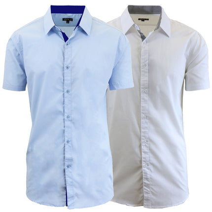 Mens Short Sleeve Dress Button Down Causal Shirt Fancy Solid Slim Fit 2 PACK NEW