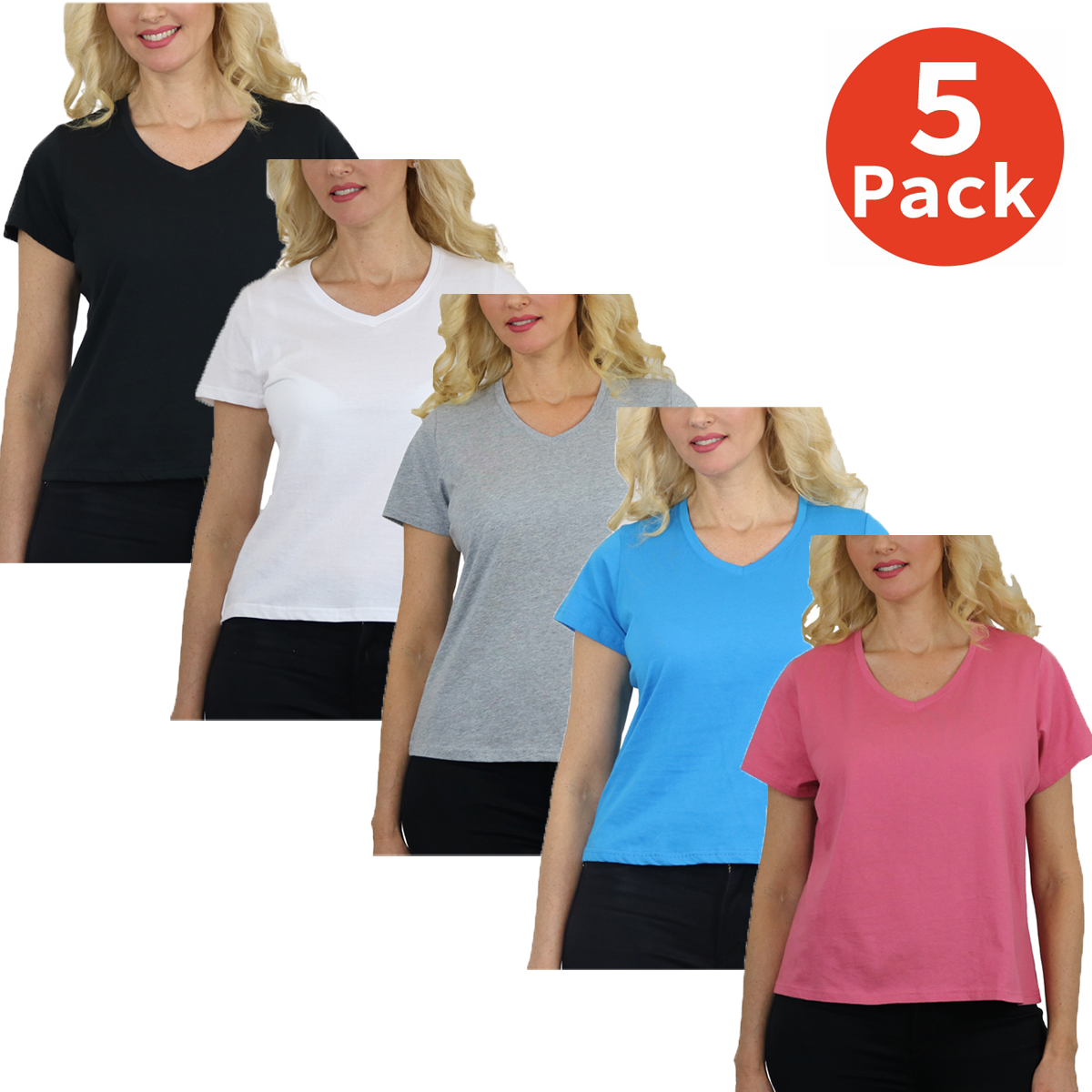 Women's Relaxed-Fit 100% Cotton V-Neck T-Shirts, 5-Pack, S-2XL