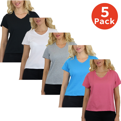 Women's Relaxed-Fit 100% Cotton V-Neck T-Shirts, 5-Pack, S-2XL