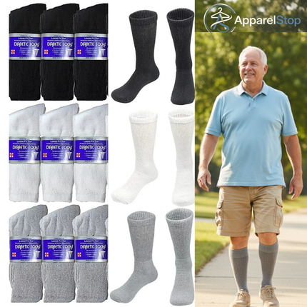 Diabetic Socks Crew Non-Binding Seamless Toe Multi-Pack Sizes 9-15 Black White Grey