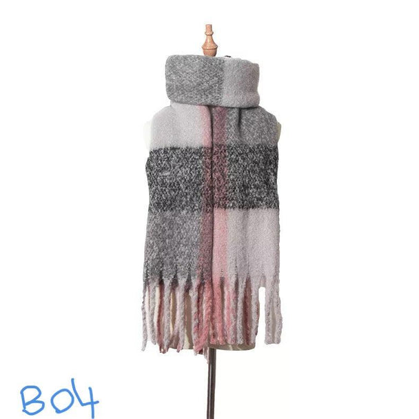 Thick Plaid Winter Scarf Woman's Checkered Pattern Pashmina Shawls Scarf Stylish Shawls With Tassel - PremiumBrandGoods