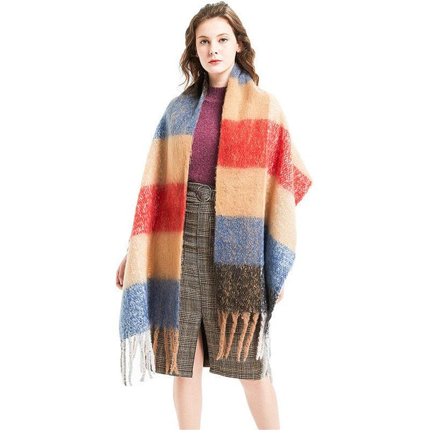 Thick Plaid Winter Scarf Woman's Checkered Pattern Pashmina Shawls Scarf Stylish Shawls With Tassel - PremiumBrandGoods