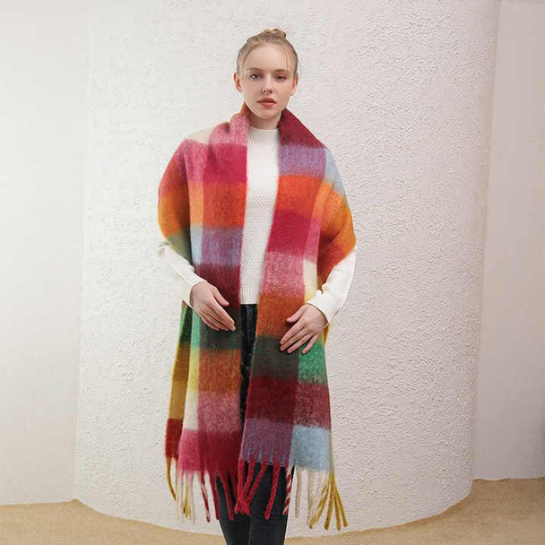 Thick Plaid Winter Scarf Woman's Checkered Pattern Pashmina Shawls Scarf Stylish Shawls With Tassel - PremiumBrandGoods