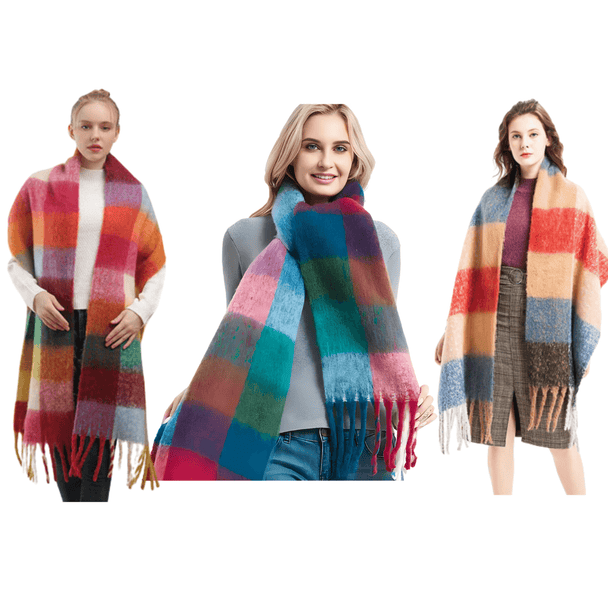 Thick Plaid Winter Scarf Woman's Checkered Pattern Pashmina Shawls Scarf Stylish Shawls With Tassel - PremiumBrandGoods