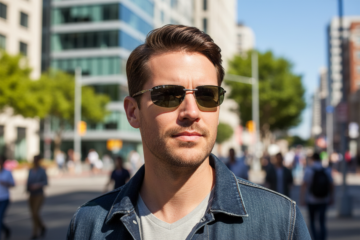 Man wearing semi-rimless sunglasses on his face outdoors - lifestyle image