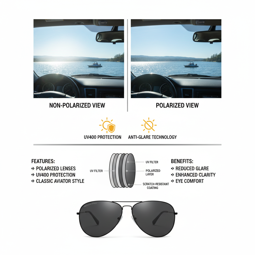 Polarized aviator sunglasses features and benefits - UV protection and classic design