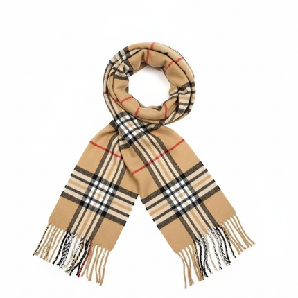 Beige Plaid Scarf Ultra Plush Pashmina Wool Blend 6ft Long Unisex