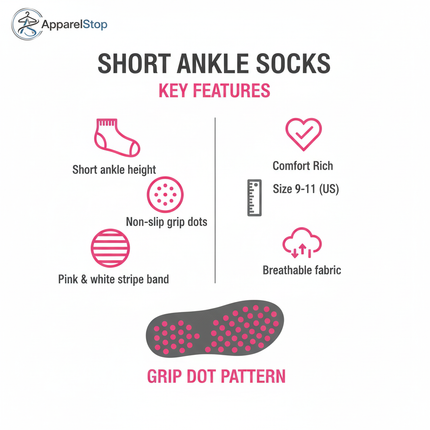Non-Slip Grip Socks Features - Size 9-11, Pink Stripe