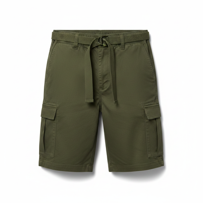 Men's Belted Cargo Shorts in Olive on white background