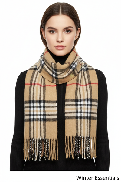 Beige Plaid Scarf Ultra Plush Pashmina Wool Blend 6ft Long Unisex
