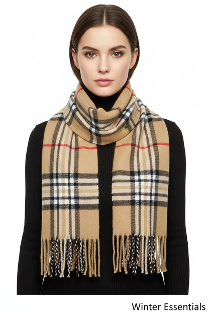 Beige Plaid Scarf Ultra Plush Pashmina Wool Blend 6ft Long Unisex