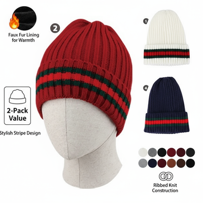 Women's Fashion Winter Hat 2-Pack Ribbed Knit with Faux Fur Lining - PremiumBrandGoods
