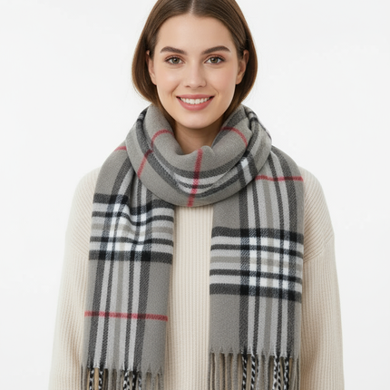 Gray Plaid Scarf Ultra Plush Pashmina Wool Blend 6ft Long Unisex Grey