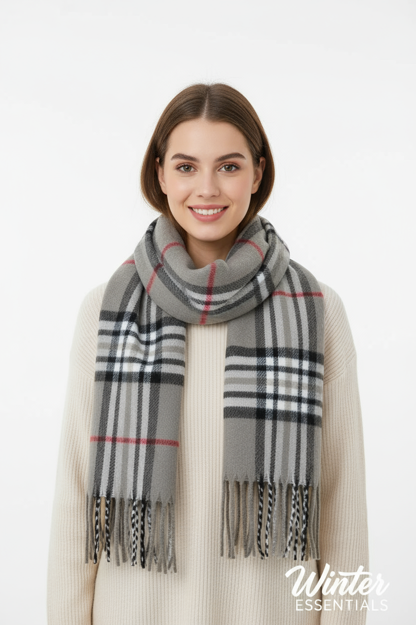 Gray Plaid Scarf Ultra Plush Pashmina Wool Blend 6ft Long Unisex Grey