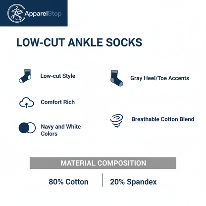Low-Cut Ankle Socks Features - Navy & White, Comfort Rich