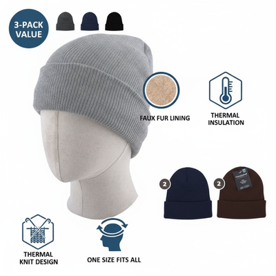 Insulated Winter Hat 3-Pack - Ribbed Beanie with Faux Fur Lining - PremiumBrandGoods