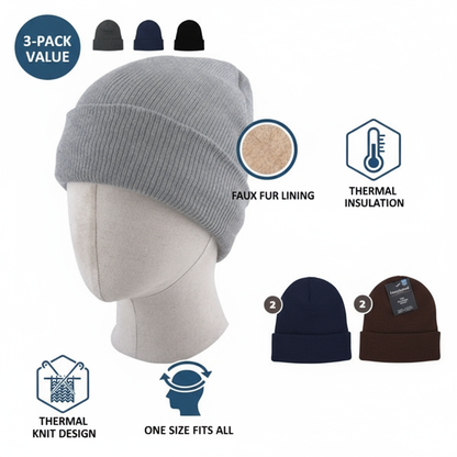 Insulated Winter Hat 3-Pack - Ribbed Beanie with Faux Fur Lining - PremiumBrandGoods