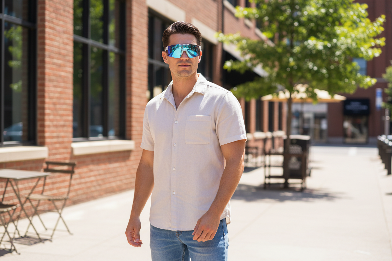 Man wearing sport shield sunglasses on his face outdoors - lifestyle image
