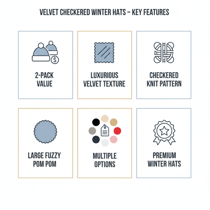 Women's Velvet Checkered Winter Hat 2-Pack - Winnie Pom Pom Beanie - PremiumBrandGoods