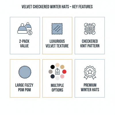 Women's Velvet Checkered Winter Hat 2-Pack - Winnie Pom Pom Beanie - PremiumBrandGoods