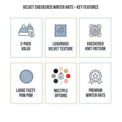 Women's Velvet Checkered Winter Hat 2-Pack - Winnie Pom Pom Beanie - PremiumBrandGoods
