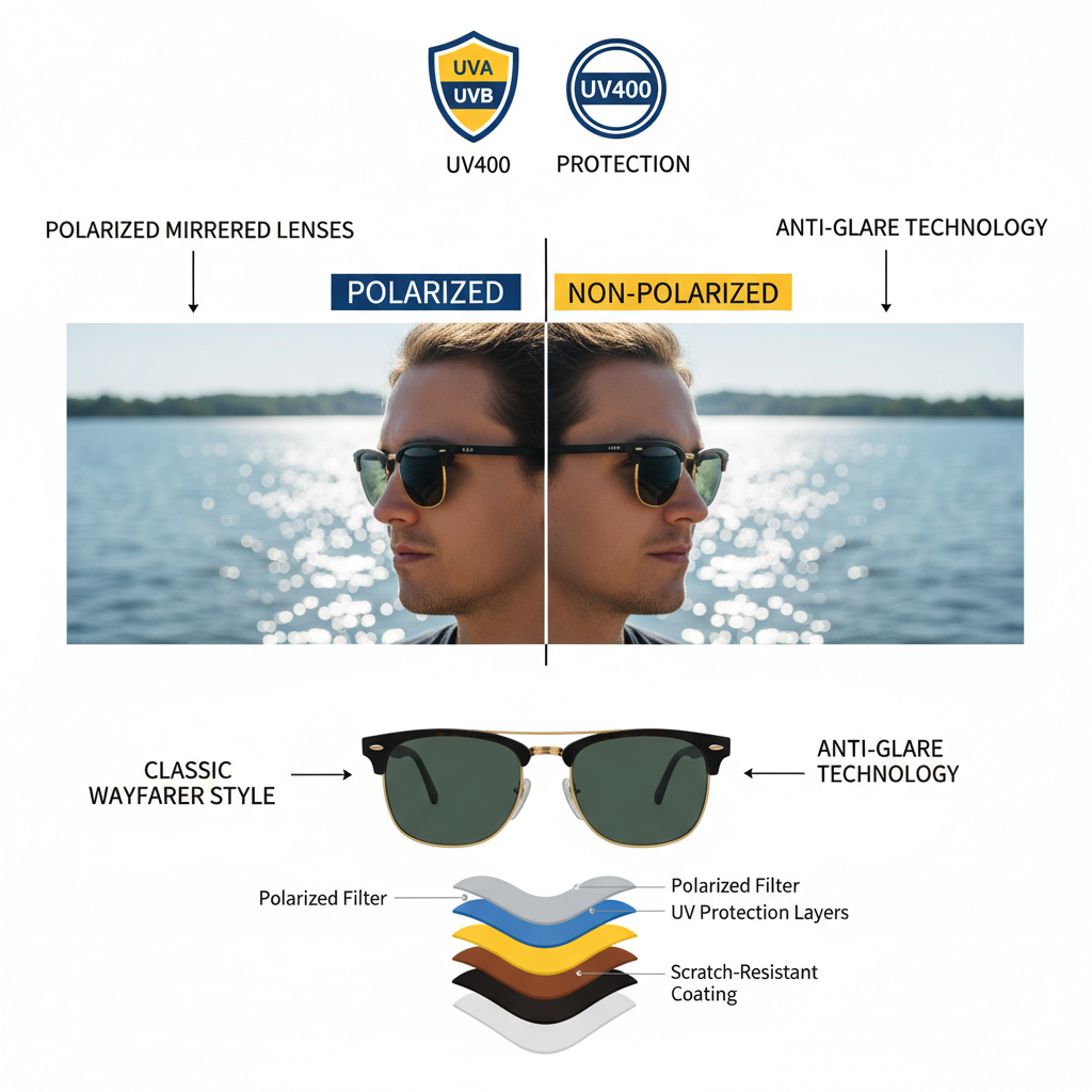 Polarized mirrored wayfarer sunglasses features and benefits - UV protection and bold design