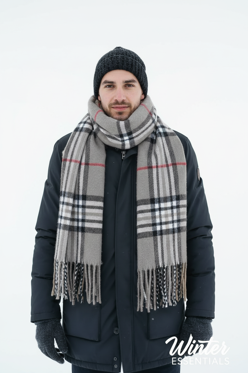 Gray Plaid Scarf Ultra Plush Pashmina Wool Blend 6ft Long Unisex Grey