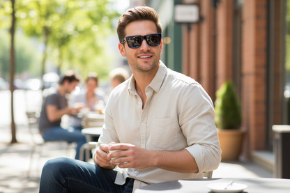 Man wearing wayfarer sunglasses on his face outdoors - lifestyle image