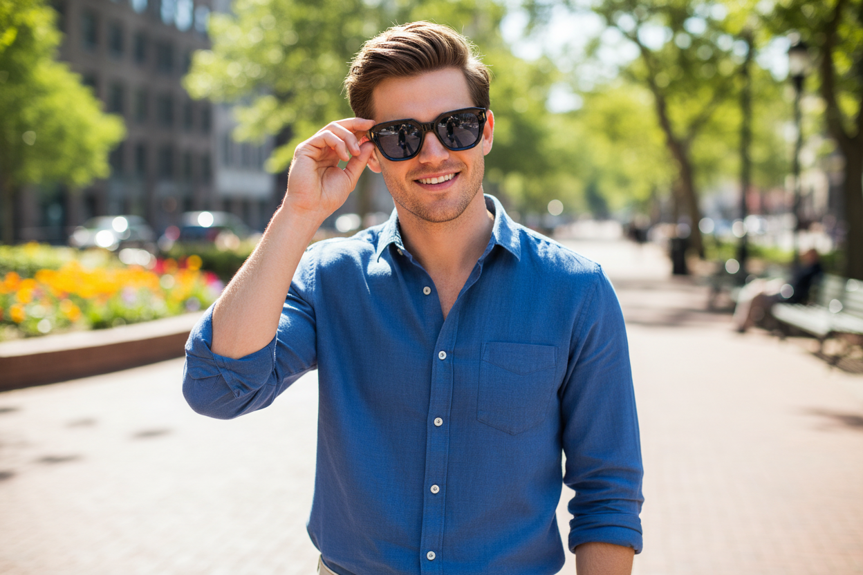 Man wearing retro wayfarer sunglasses with blue lenses outdoors - lifestyle image