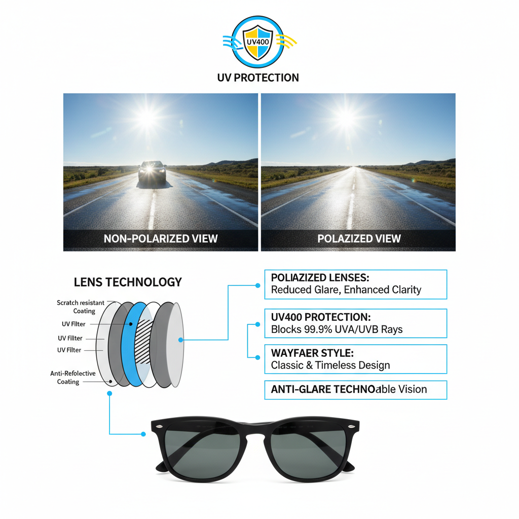 Polarized wayfarer sunglasses features and benefits - UV protection and classic design