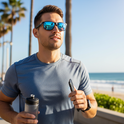 Man wearing polarized sunglasses outdoors - lifestyle image