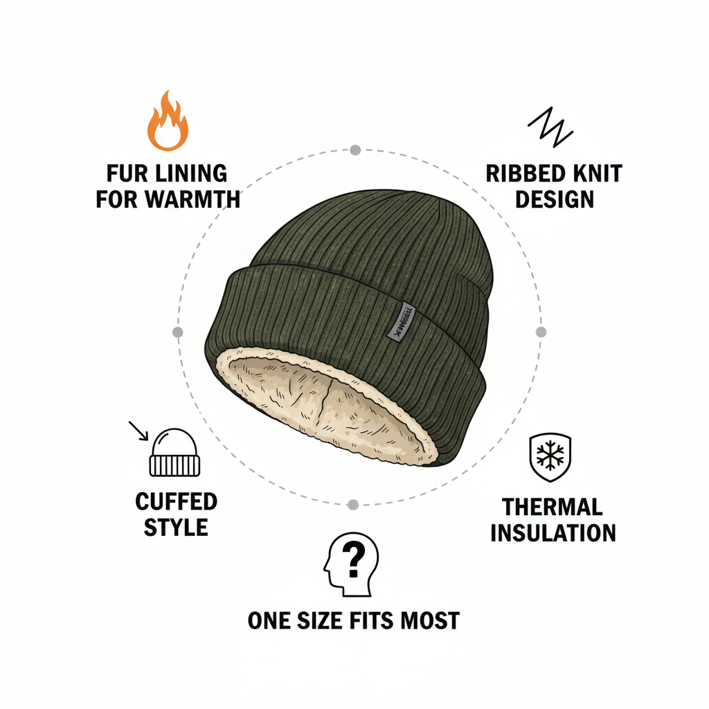 Men's Winter Hat with Fur Lining - Ribbed Knit Cuffed Beanie - PremiumBrandGoods