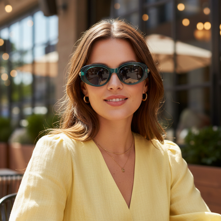 Woman wearing oval retro sunglasses on her face outdoors - lifestyle image