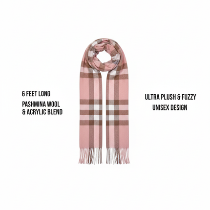 Pink Plaid Scarf Ultra Plush Pashmina Wool Blend 6ft Long Unisex