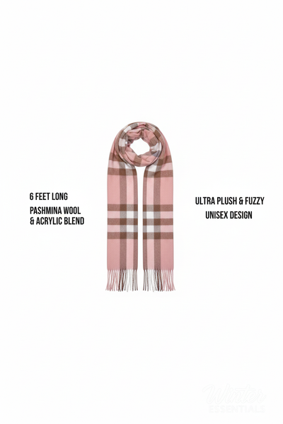 Pink Plaid Scarf Ultra Plush Pashmina Wool Blend 6ft Long Unisex