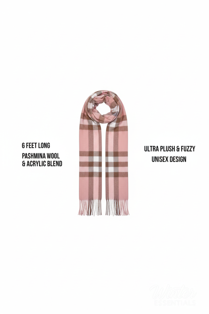 Pink Plaid Scarf Ultra Plush Pashmina Wool Blend 6ft Long Unisex